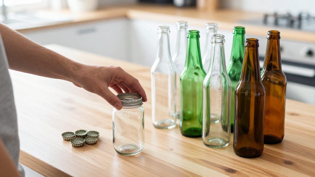 Eine Person trennt auf einer Küchenarbeitsplatte Metalldeckel von verschiedenen farbigen Glasflaschen für das Recycling.