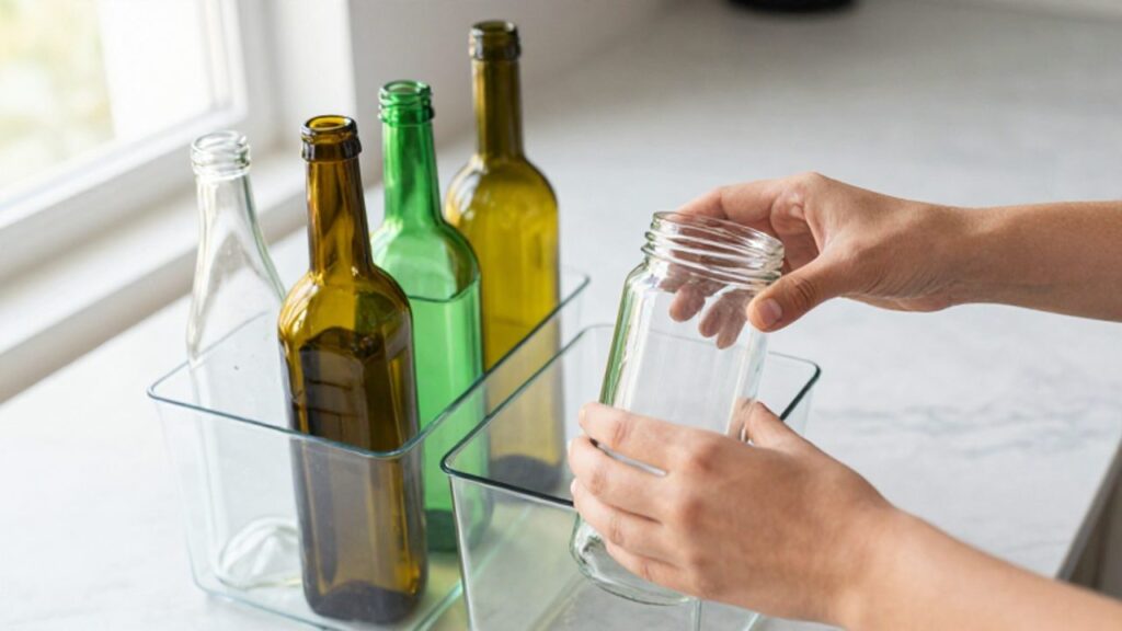 Eine Person sortiert ein leeres Glasgefäß in einen transparenten Behälter für weißes Altglas in einer hellen, modernen Küche.