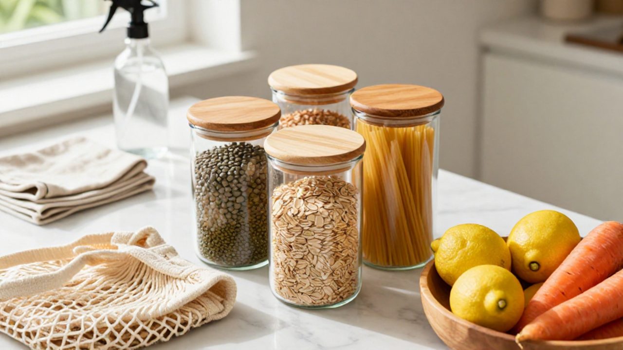 Verschiedene Glasbehälter mit trockenen Lebensmitteln, ein Obstnetz aus Baumwolle und frisches Gemüse stehen ordentlich auf einer hellen Küchenarbeitsplatte.