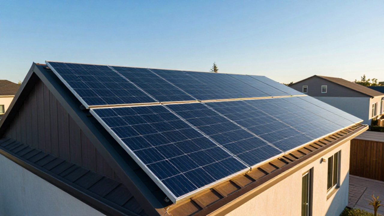 Eine moderne Photovoltaikanlage auf dem Dach eines Einfamilienhauses unter strahlendem Sonnenschein.