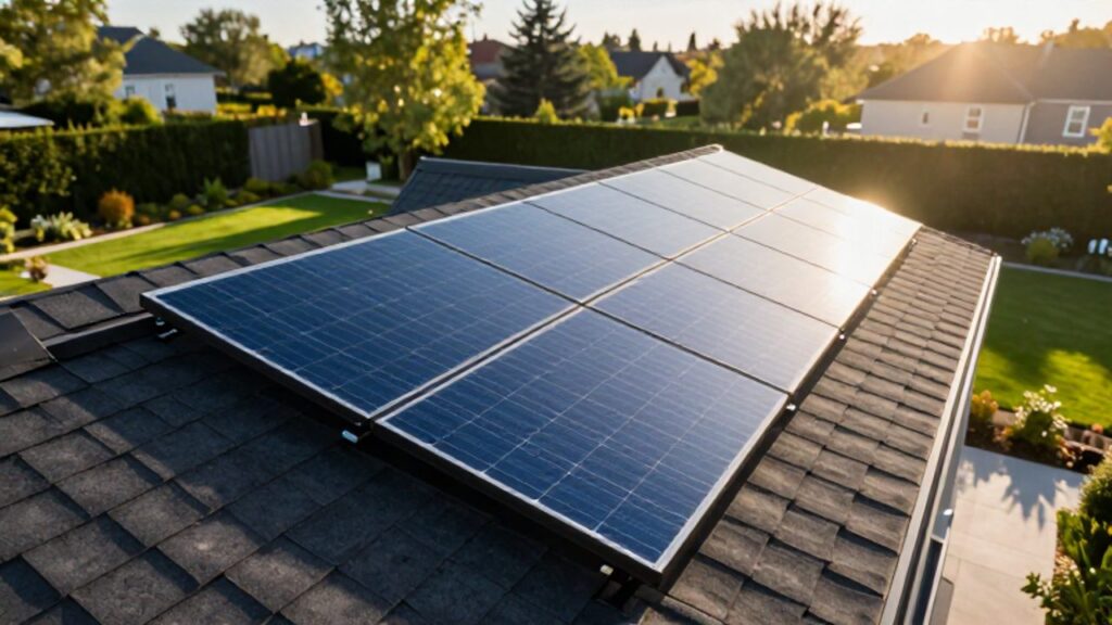 Eine moderne Photovoltaikanlage auf dem Dach eines Wohnhauses im warmen Abendlicht vor einem grünen Garten.