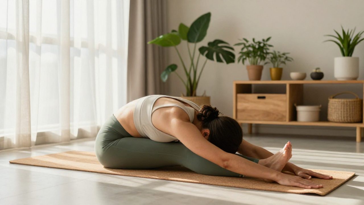 Eine konzentrierte Person führt in einem hellen, modernen Wohnzimmer eine Yoga-Übung auf einer Korkmatte aus.