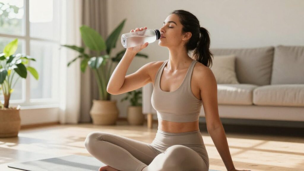 Eine fitte Person in Sportkleidung sitzt entspannt auf einer Yogamatte in einem lichtdurchfluteten Wohnzimmer und trinkt eine Pause machend Wasser aus einer Glasflasche.