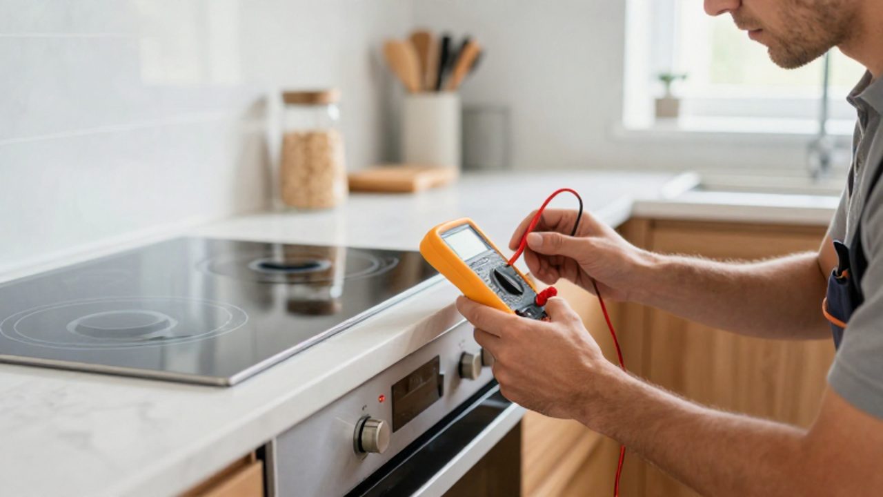 Ein Elektriker prüft mit einem Multimeter die elektrischen Anschlüsse eines modernen Glaskeramik-Kochfeldes in einer hellen Küche.