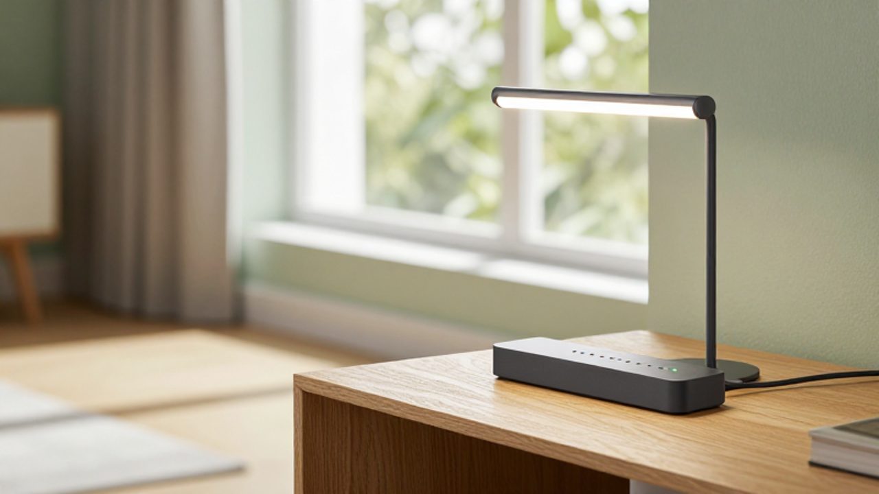 Eine LED-Schreibtischlampe und eine smarte Steckdose stehen auf einem hellen Holztisch in einem lichtdurchfluteten, modern eingerichteten Wohnzimmer.