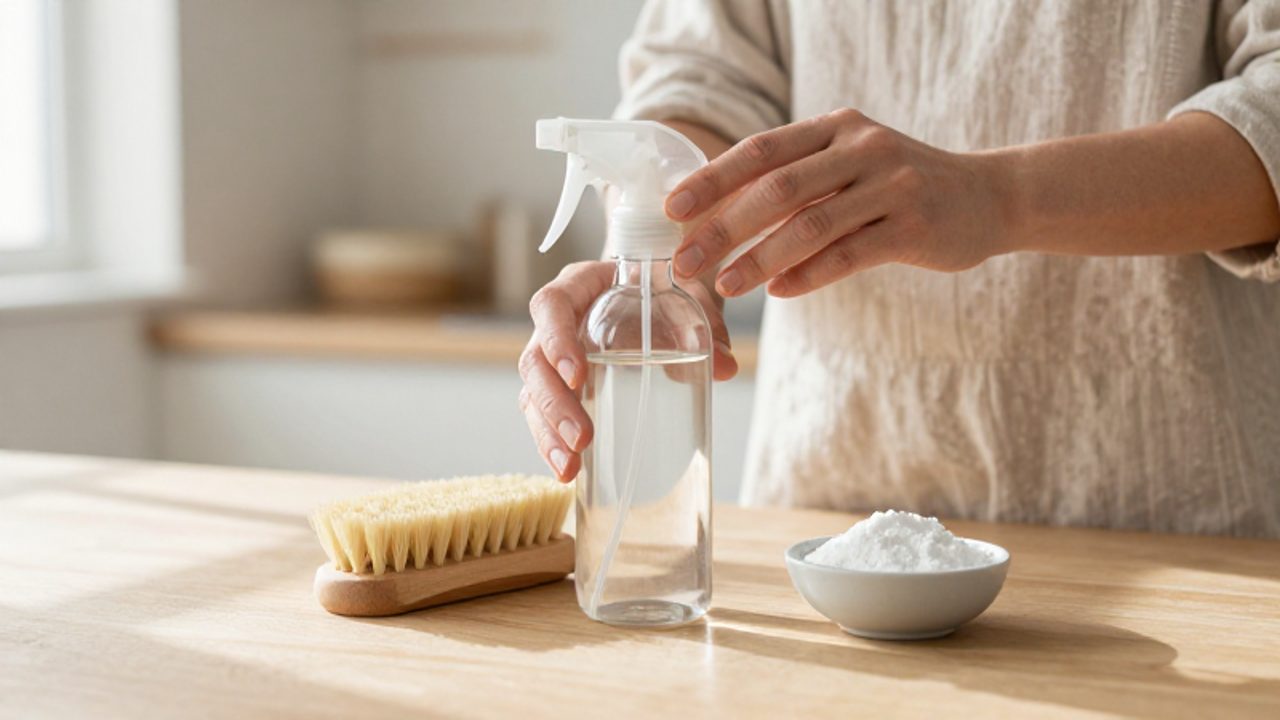 Hände ordnen ökologische Reinigungsutensilien wie eine Glasflasche, eine Holzbürste und Natron auf einer hellen Holzoberfläche in einer Küche.