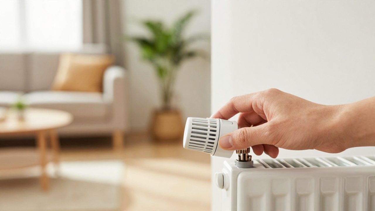 Eine Hand stellt an einem hellen, sonnendurchfluteten Wohnzimmer ein modernes weißes Thermostat am Heizkörper ein.