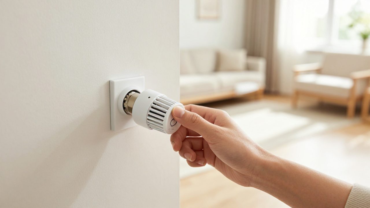 Eine Hand stellt an einem modernen, weißen Heizkörperthermostat die Temperatur ein.