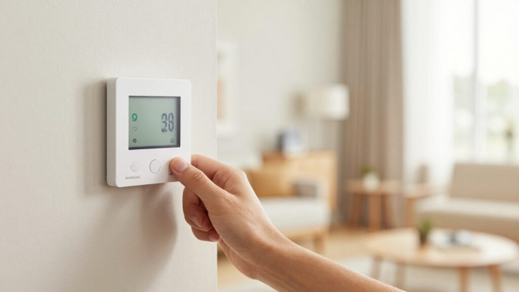 Eine Hand stellt die Temperatur an einem modernen, weißen digitalen Smart-Thermostat in einem hellen, gemütlich eingerichteten Wohnzimmer ein.