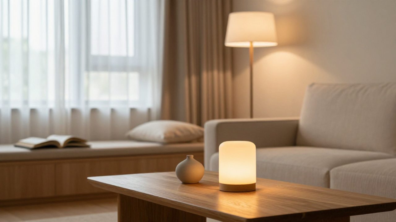 Ein gemütlich eingerichtetes Wohnzimmer zeigt eine harmonische Kombination aus warmem, indirektem Kunstlicht durch Steh- und Tischlampen sowie sanftem Tageslicht, das durch leichte Vorhänge fällt.