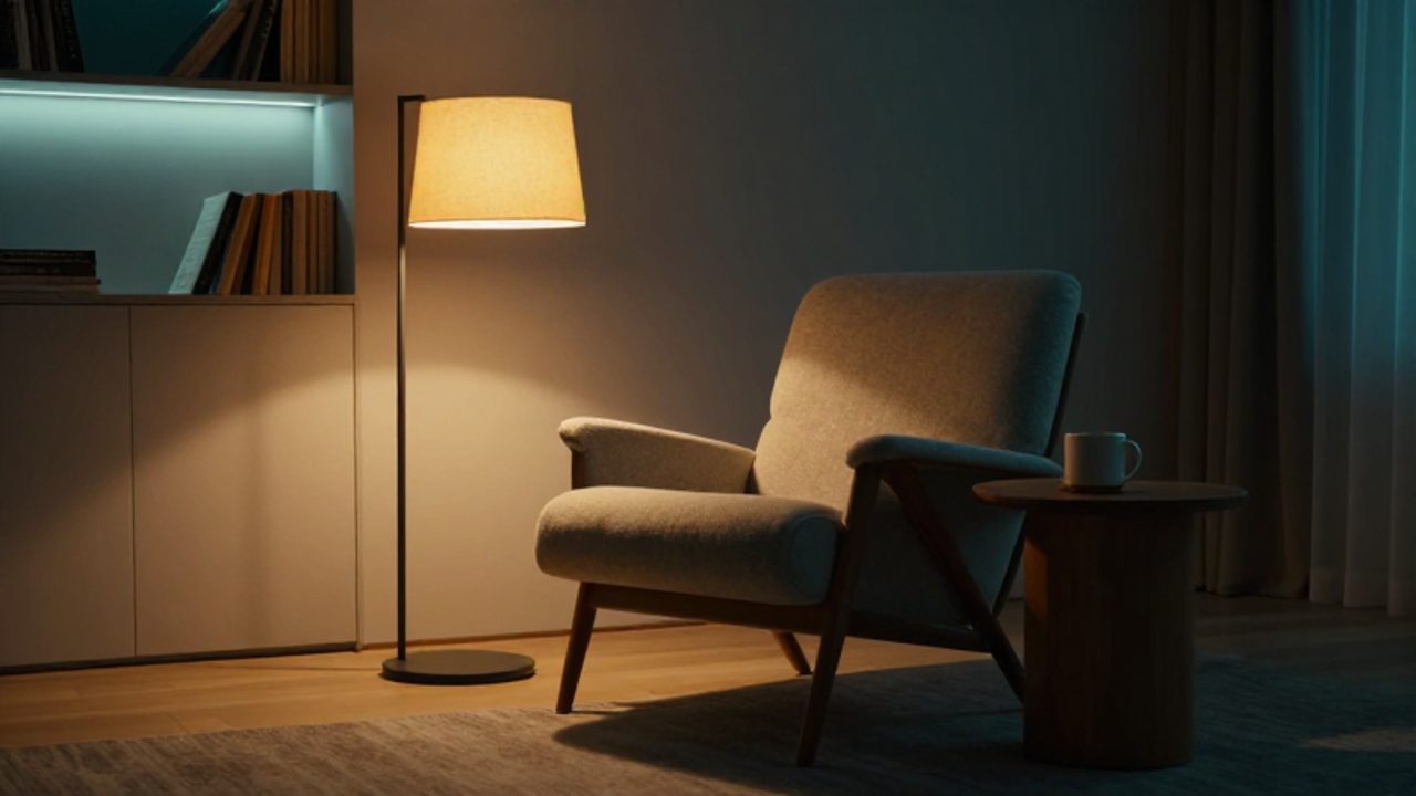 Ein gemütlich eingerichtetes Wohnzimmer zeigt den Kontrast zwischen einer warmen Stehleuchte an einem Sessel und einer kühleren, indirekten Beleuchtung im Hintergrund.