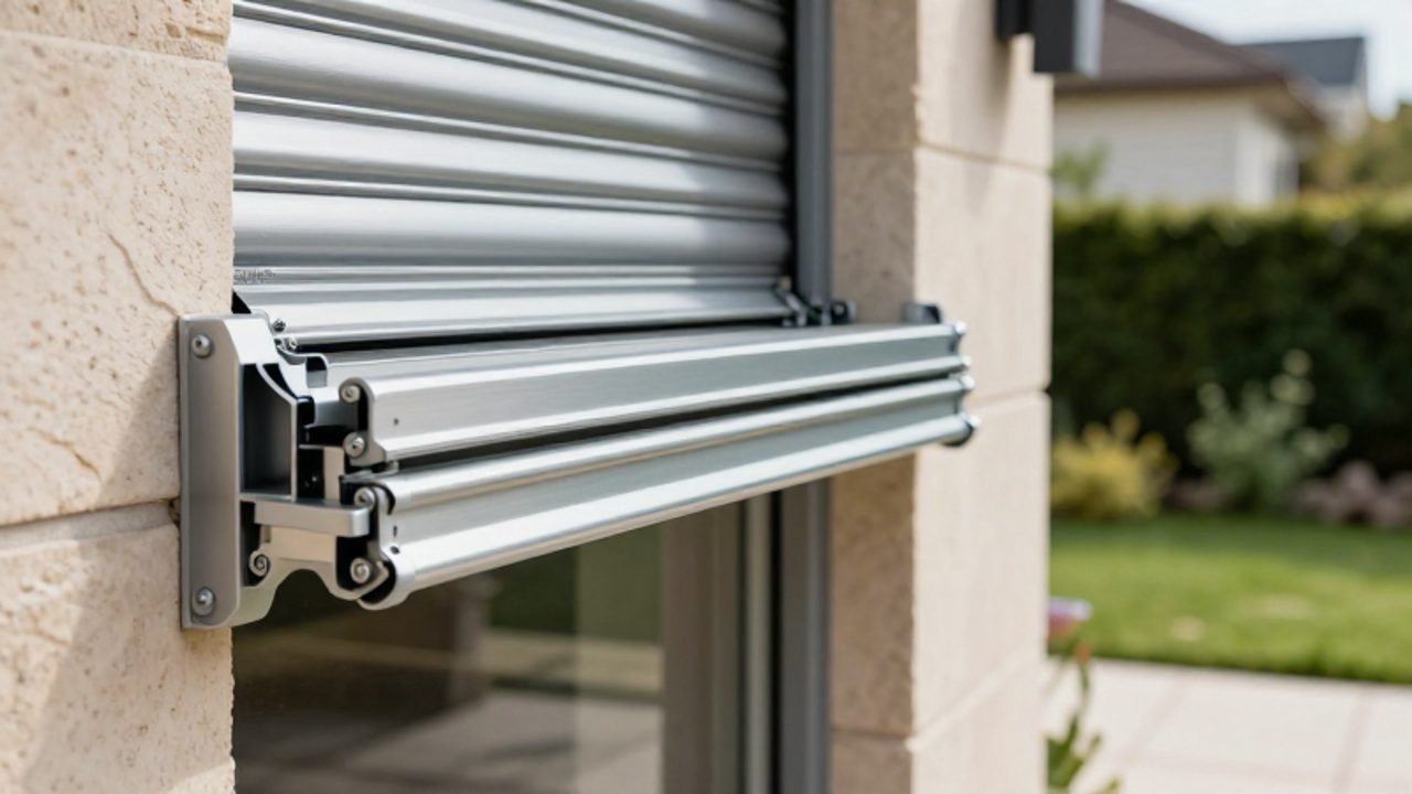 Robuste Aluminium-Lamellen und tief in der Steinfassade verankerte Führungsschienen eines Rollladens verdeutlichen dessen Sicherheitsmerkmale.