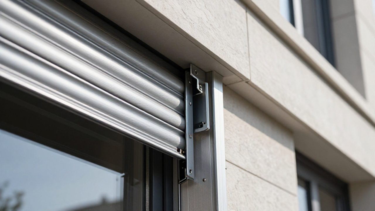Eine Aluminium-Lamelle wird präzise in eine stabile Führungsschiene an einer modernen Hausfassade eingesetzt.