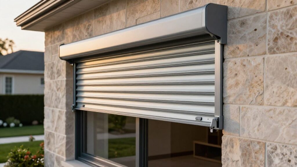 Ein robuster Aluminium-Rollladen ist teilweise vor einem modernen Wohnhausfenster heruntergelassen und in einer Steinfassade verankert.