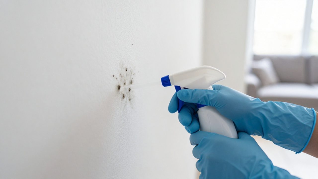 Hände in blauen Schutzhandschuhen halten eine Sprühflasche vor dunkle Schimmelstellen an einer weißen Wandecke in einer Wohnung.