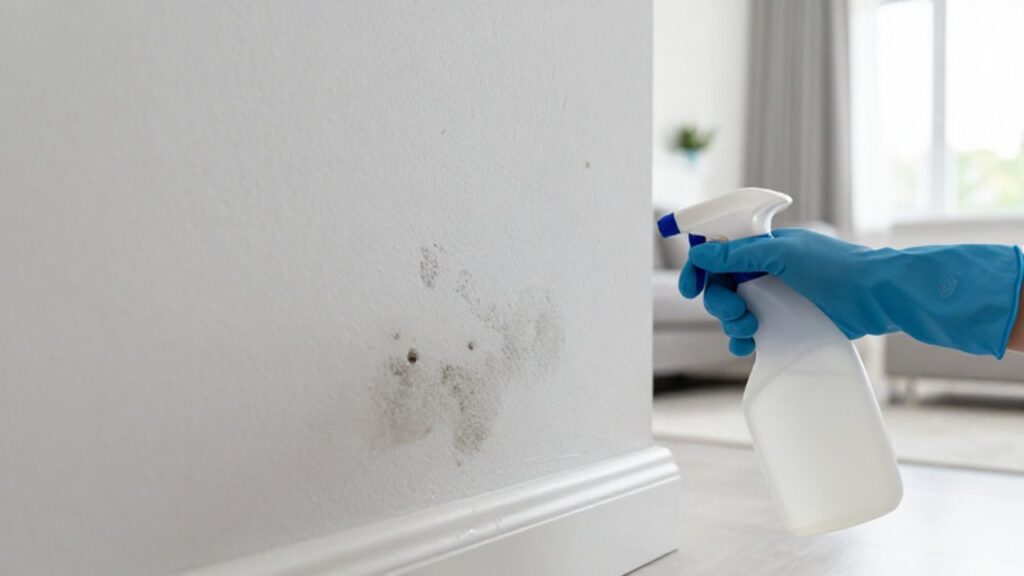Eine Hand mit einem blauen Schutzhandschuh sprüht ein Reinigungsmittel auf dunkle Schimmelstellen an einer hellen Zimmerwand.