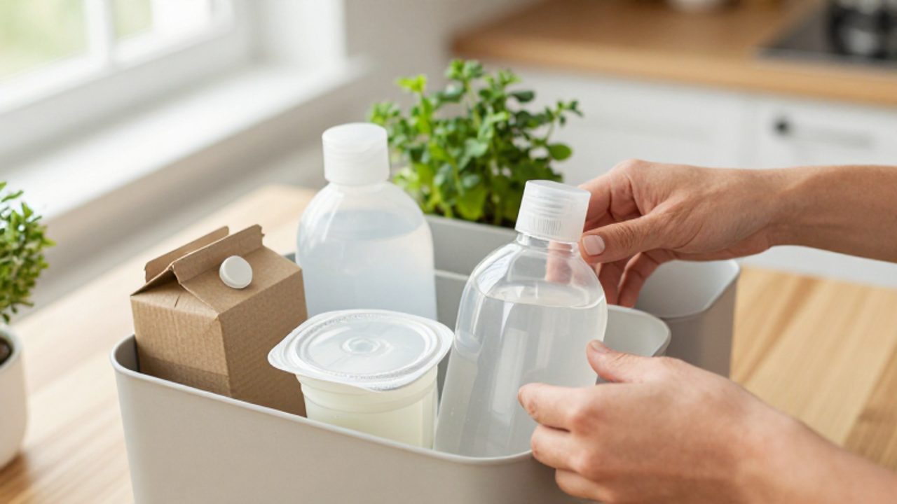 Hände sortieren verschiedene saubere Haushaltsabfälle wie Joghurtbecher, Shampoo-Flaschen und Getränkekartons getrennt in verschiedene Behälter in einer hellen Küche.