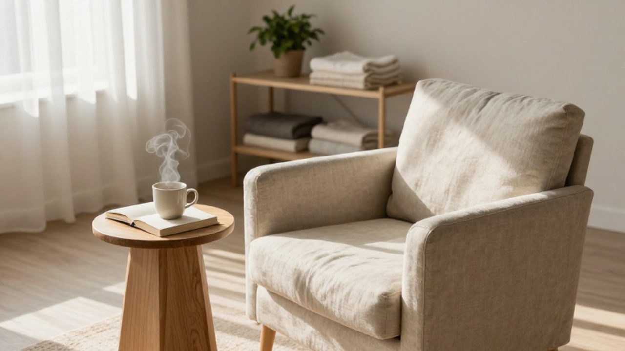 Ein heller, minimalistisch eingerichteter Wohnbereich mit einem bequemen Sessel, einer dampfenden Tasse und einem Buch in einer sonnendurchfluteten, aufgeräumten Ecke.