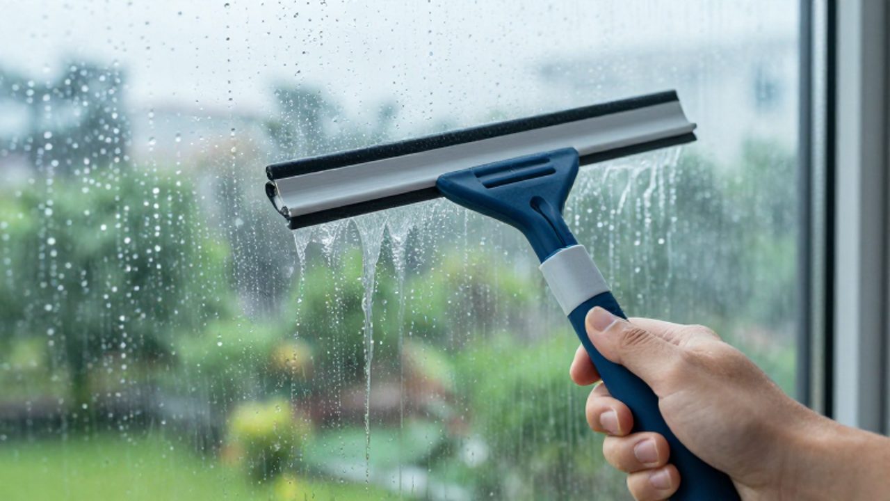 Eine Hand führt einen Abzieher vertikal über eine regennasse Glasscheibe und hinterlässt einen streifenfreien Weg zwischen den Regentropfen vor einem grünen Garten.
