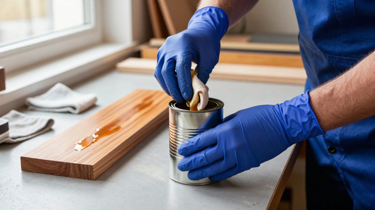 Eine Person in blauen Schutzhandschuhen legt ein mit Holzöl getränktes Tuch sicher in einen Metallbehälter für die Entsorgung in einer Werkstatt.
