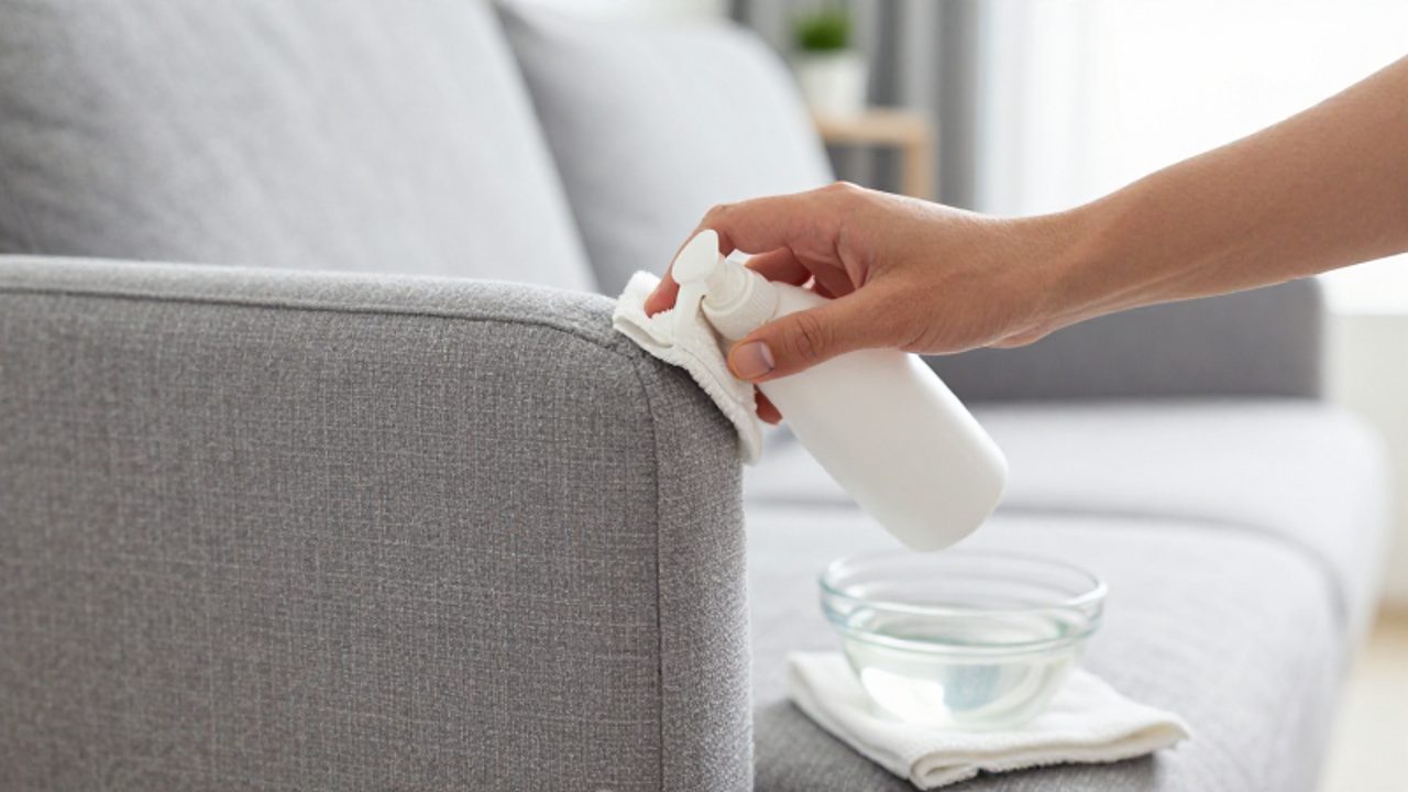Eine Hand testet eine Reinigungslösung an einer unauffälligen Stelle eines grauen Polstersofas, um die Verträglichkeit des Mittels zu prüfen.