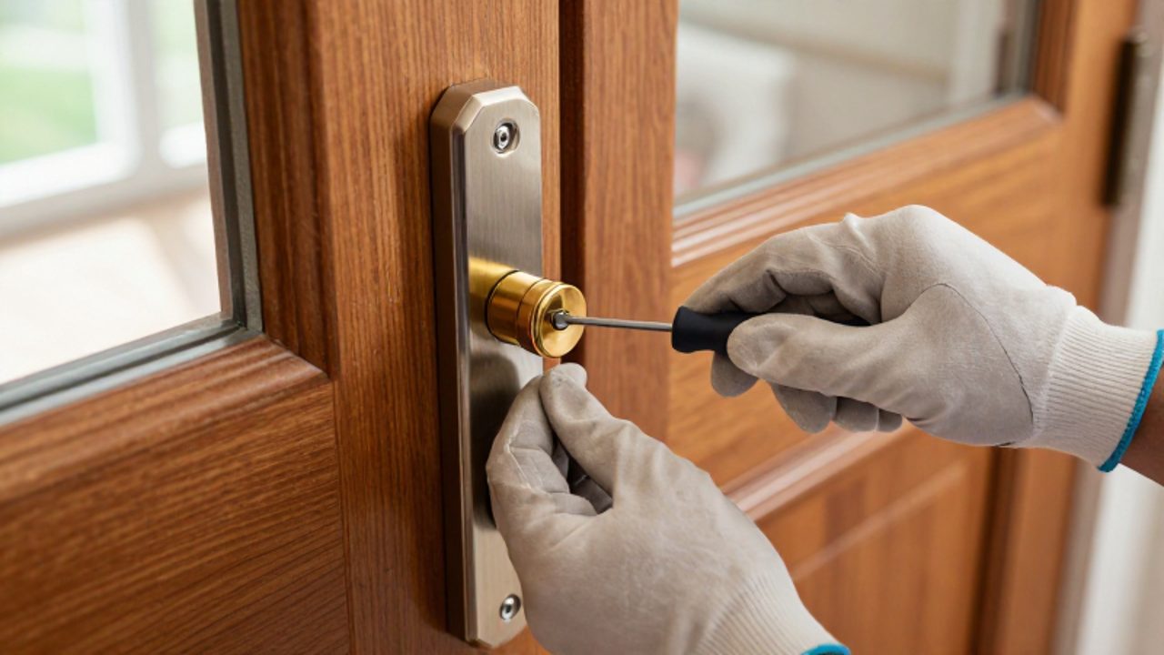 Eine Person in Arbeitshandschuhen wartet mit einem Präzisionsschraubendreher ein modernes Metallschloss an einer schweren Holztür.