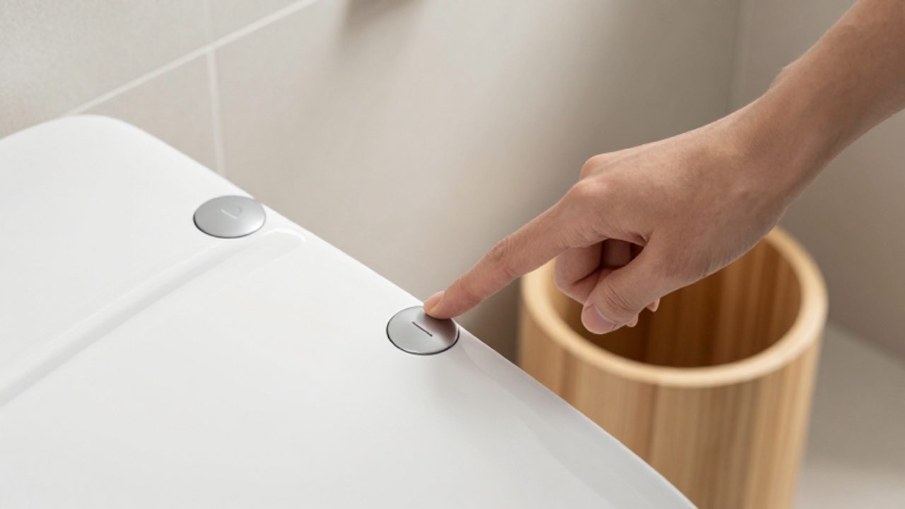 Eine Hand drückt die kleine Taste einer modernen Spartaste an einer Toilette, um die sparsame Wassernutzung zu demonstrieren.