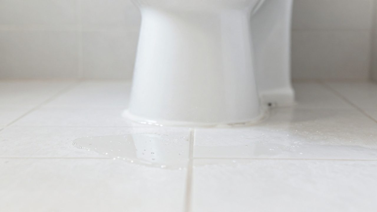 Eine kleine Wasserlache bildet sich auf den hellen Badezimmerfliesen am Fuß einer weißen Toilette.