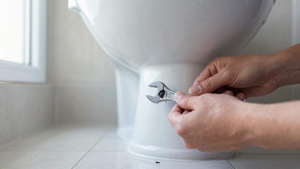 Hände ziehen mit einem kleinen Metallschlüssel eine Verbindung am Spülkasten einer weißen Keramiktoilette fest, während am Boden einige Wassertropfen auf eine Undichtigkeit hindeuten.