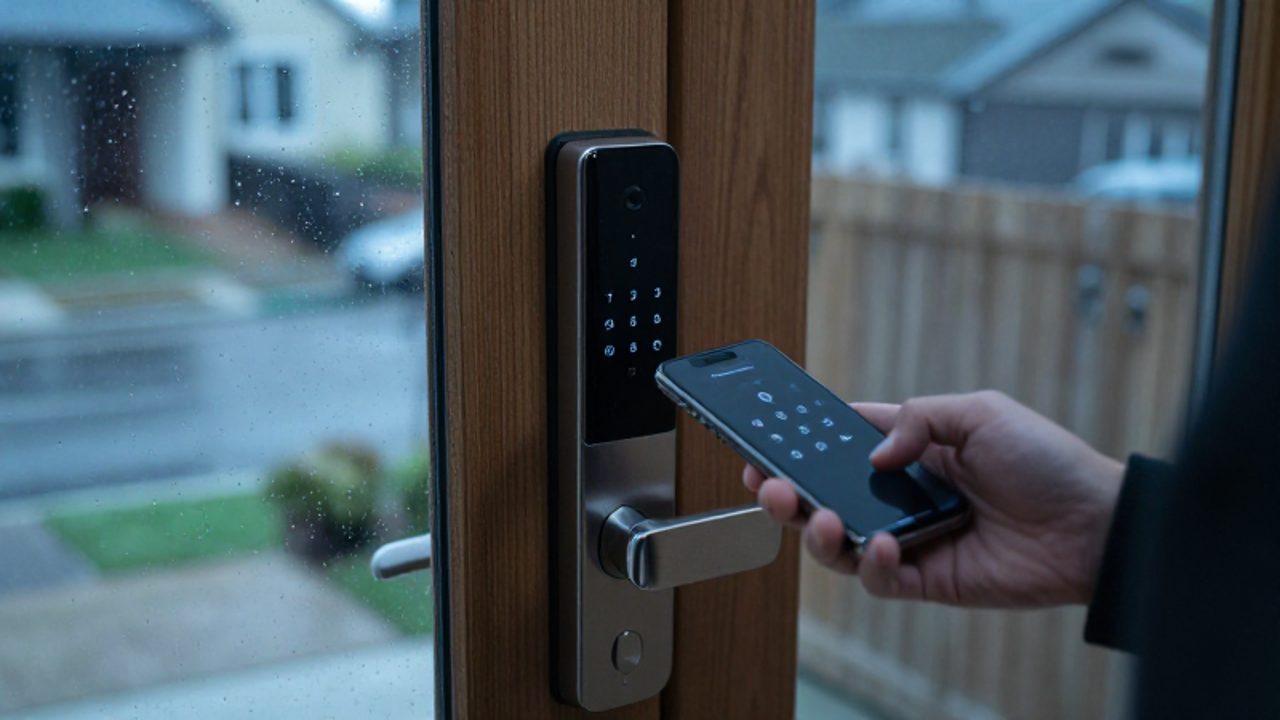 Eine Hand hält ein Smartphone nah an ein elektronisches Türschloss an einer regennassen Holztür.