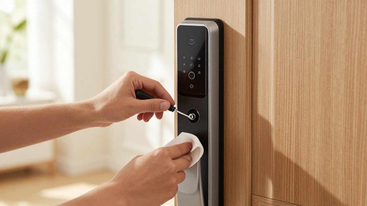 Hände führen eine Wartung an einem modernen elektronischen Türschloss durch, indem sie eine Komponente mit einem Schraubendreher justieren und das Gehäuse reinigen.