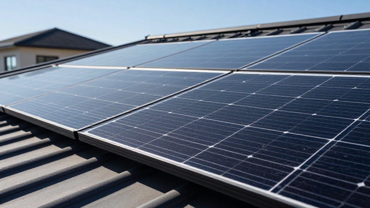 Nahaufnahme von dunkelblauen, monokristallinen Solarzellen auf einem modernen Hausdach unter hellem Sonnenlicht.
