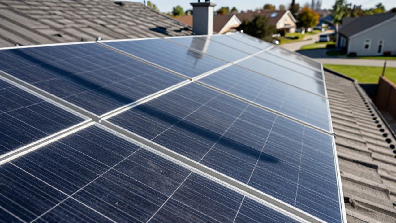 Ein Schatten fällt diagonal über die glänzende Oberfläche einer Solaranlage auf einem Hausdach und verdeutlicht die Beeinträchtigung des Stromertrags.