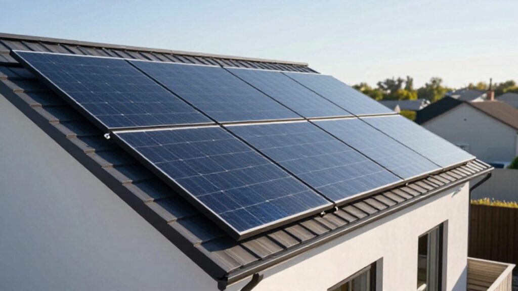 Moderne Photovoltaik-Module auf dem Dach eines Wohnhauses unter hellem Sonnenlicht.
