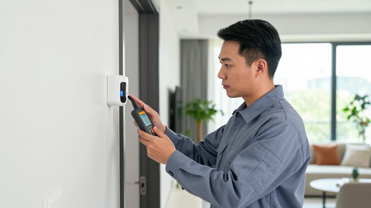 Ein Sicherheitstechniker installiert einen Sensor an einer weißen Wand in einem modern eingerichteten Wohnraum.