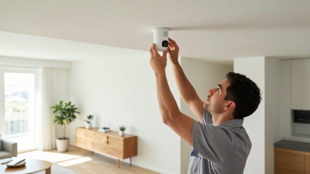 Ein Sicherheitsfachmann installiert einen weißen Bewegungsmelder an der Decke eines hellen, modern eingerichteten Flurs.