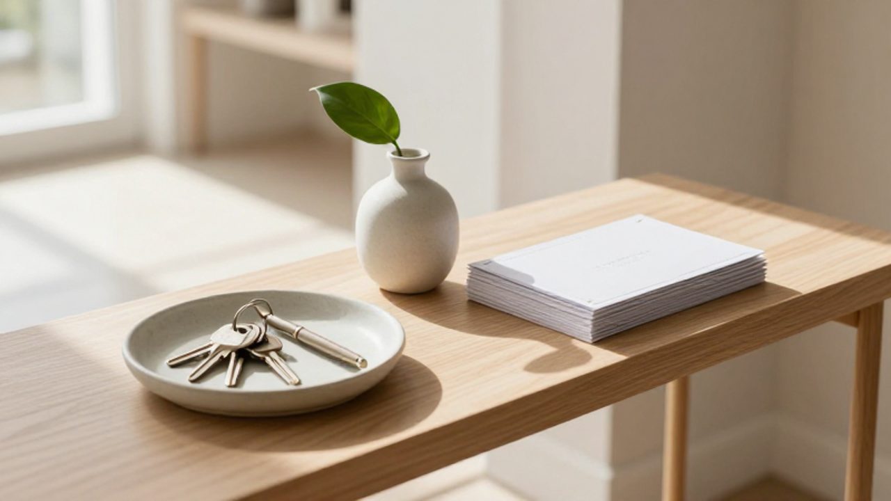 Auf einer hellen Holzkonsole im Flur liegen ordentlich arrangiert ein Schlüssel, ein Stift, eine kleine Ablage sowie ein Stapel Post neben einer minimalistischen Vase.