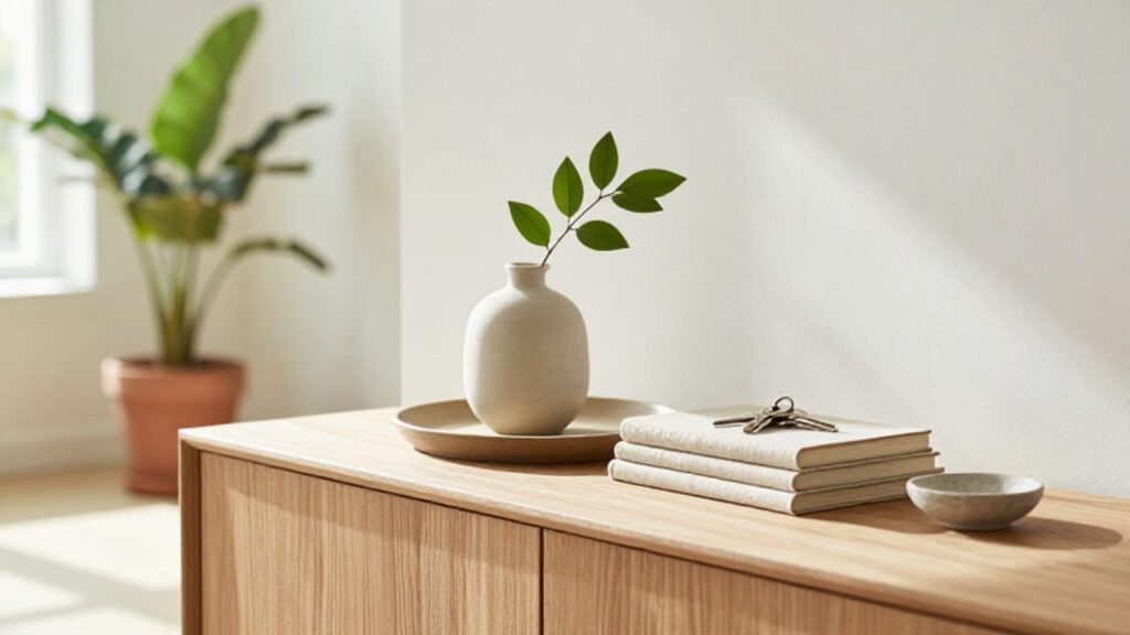 Ein helles, minimalistisches Sideboard aus Eichenholz zeigt ordentlich arrangierte Gegenstände wie eine Vase, Bücher und eine Schale für Schlüssel in einer sonnendurchfluteten Wohnecke.