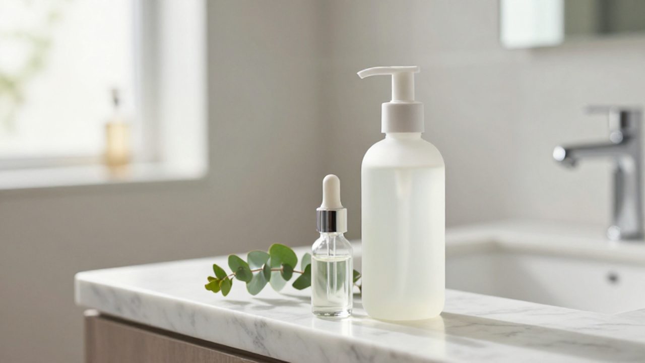 Eine medizinische Shampoo-Flasche und ein Fläschchen mit Wirkstoff stehen auf einer weißen Marmorplatte neben frischen Eukalyptuszweigen in einem hellen Badezimmer.
