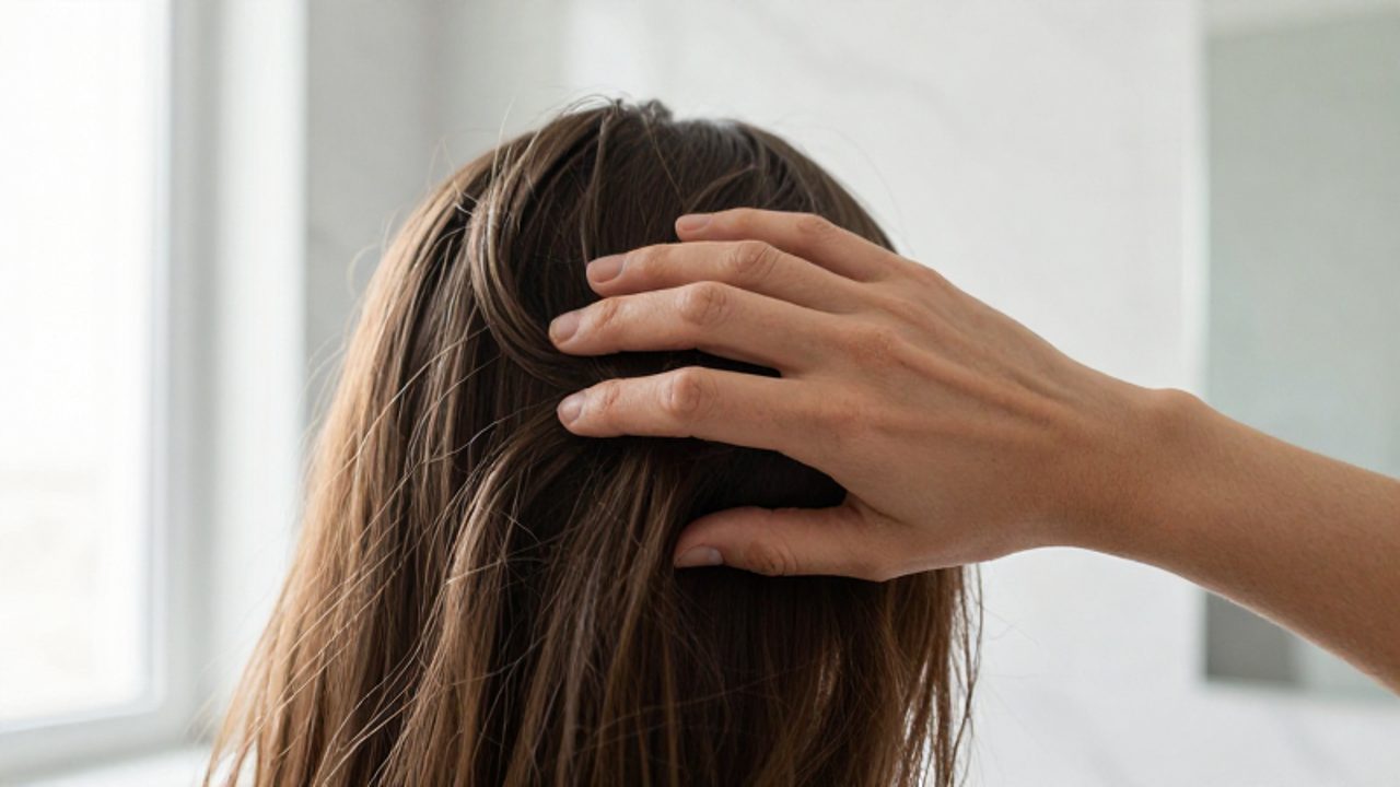 Eine Hand fährt sanft durch gesundes, glänzendes Haar in einem hellen Badezimmer.
