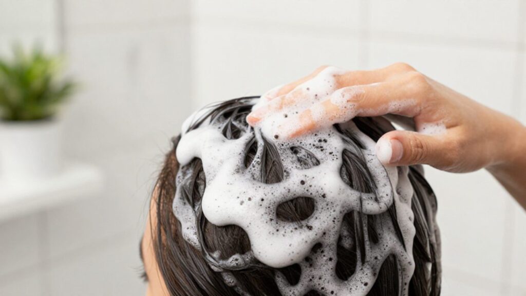 Eine Person massiert cremigen, weißen Shampoo sanft in ihre dunklen Haare ein.