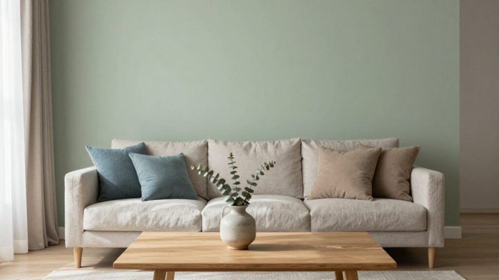 Ein minimalistisch eingerichtetes Wohnzimmer in beruhigenden Salbeitönen, Sandfarben und sanftem Blau, das durch helles, natürliches Licht eine friedliche Atmosphäre schafft.