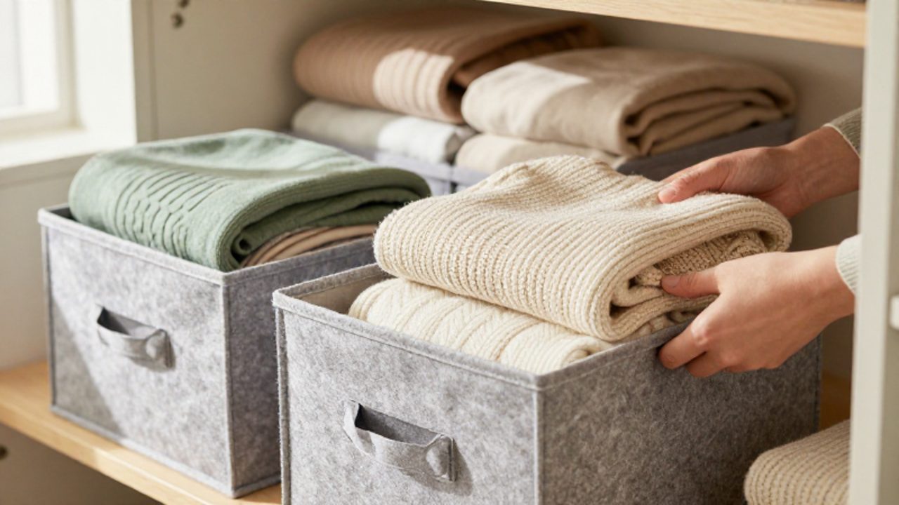 Hände legen ordentlich gefaltete Kleidung und Decken in graue Textilboxen aus Filz und Canvas in einem hellen Kleiderschrank.