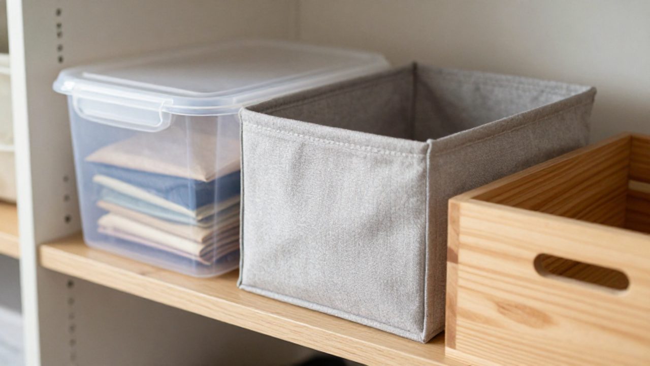Verschiedene Aufbewahrungsmaterialien wie eine transparente Kunststoffbox, ein grauer Stoffkorb und eine Holzkiste stehen nebeneinander auf einem Holzregal in einem hellen, ordentlichen Raum.