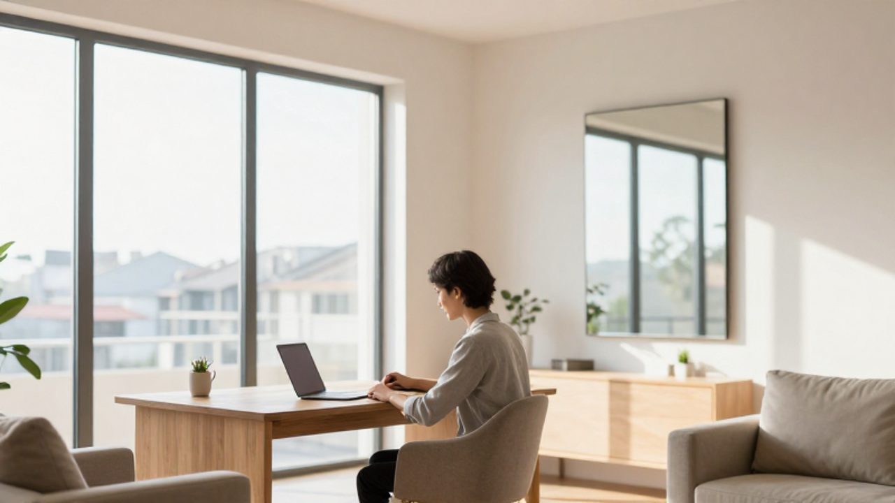Eine Person arbeitet an einem Schreibtisch direkt neben einem großen Fenster, das den hellen, modern eingerichteten Wohnraum mit natürlichem Tageslicht flutet.
