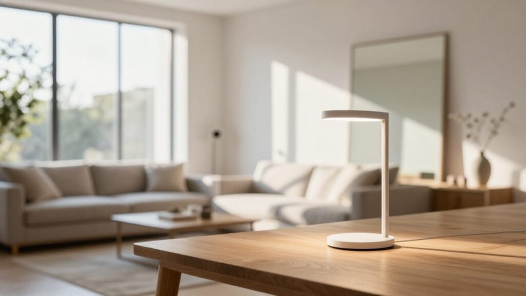Eine minimalistische LED-Schreibtischlampe auf einem Holztisch in einem lichtdurchfluteten Wohnzimmer, in dem ein Spiegel das natürliche Tageslicht zusätzlich im Raum verteilt.