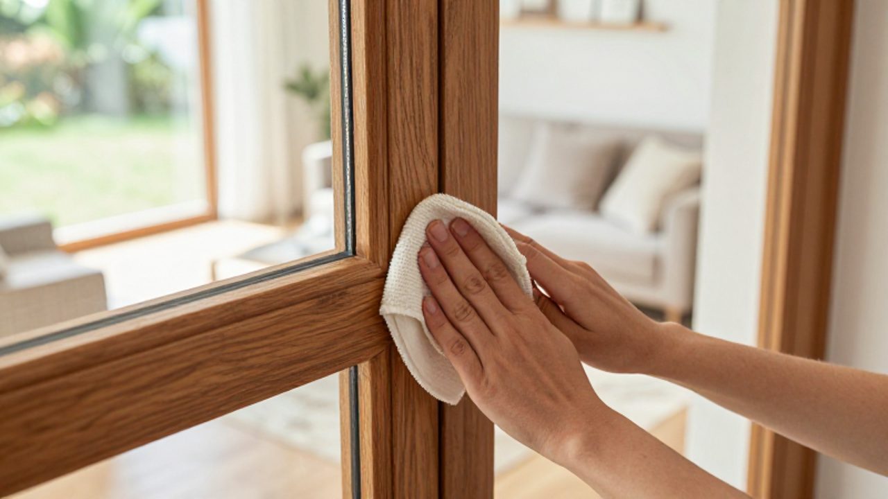 Eine Person reinigt mit einem Mikrofasertuch vorsichtig die Ecke eines dunklen Eichenholzfensters in einem hellen Wohnzimmer.