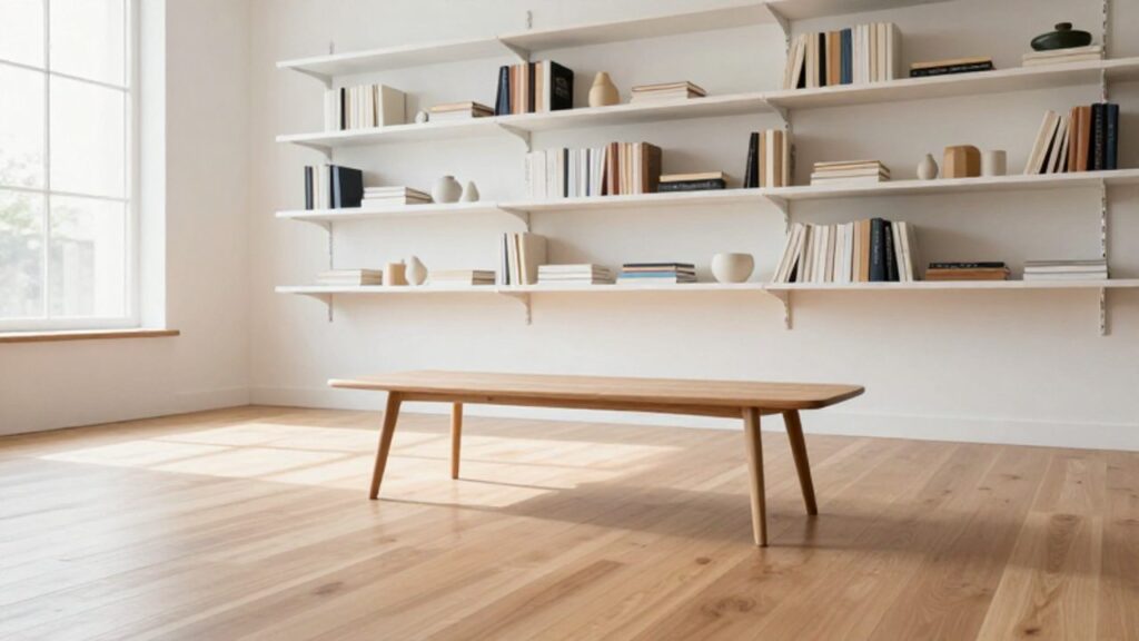 Ein helles, modern eingerichtetes Wohnzimmer mit minimalistischen, wandhohen Regalen und schmalen Holzmöbeln, die viel freien Bodenplatz lassen.
