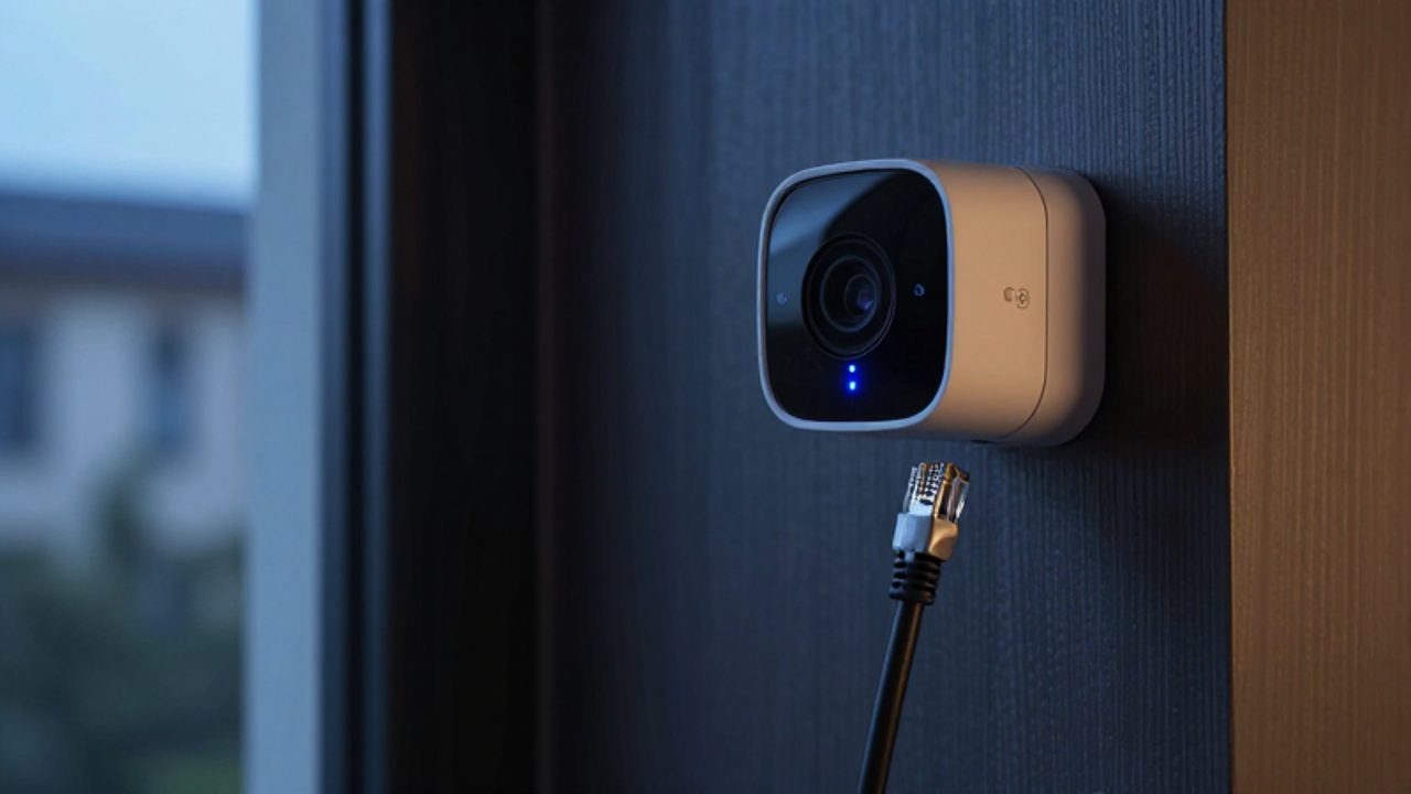 Eine moderne Sicherheitskamera an einer Holzwand neben einem halb ausgesteckten Ethernet-Kabel verdeutlicht eine unterbrochene Internetverbindung.