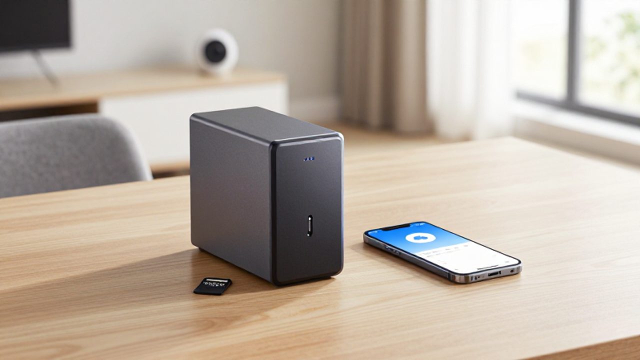 Ein Vergleich zwischen lokaler Speicherung durch eine MicroSD-Karte und ein NAS-System sowie Cloud-Speicher, der auf einem Smartphone angezeigt wird.